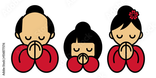 Konnichiwa Japanese family in a greeting pose with palms folded before the face. Hello sign. Vector illustration on white background. Japan emoji design. Greeting icon