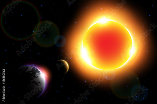 Solar Eclipse ( Vector ) . Moon move around the world and hide sunlight .