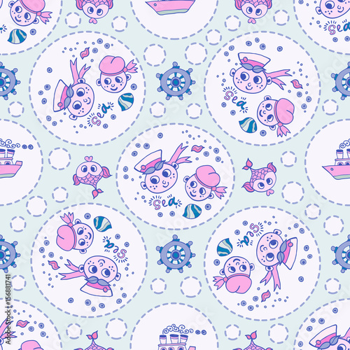 Doodle seamless pattern sailor and fish