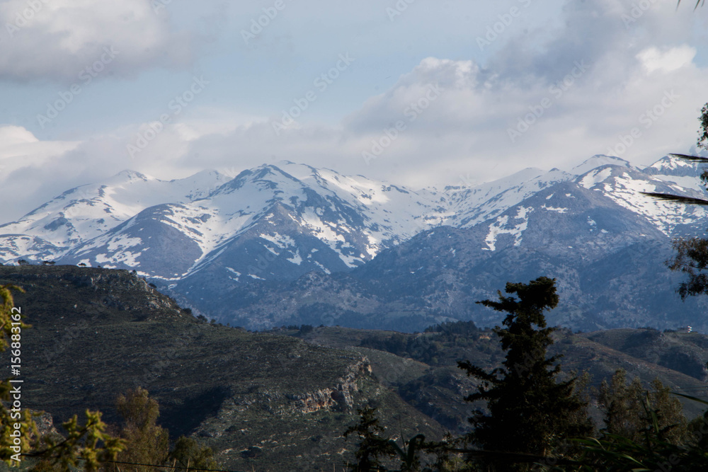 Grece Chania snowy mountains on a cloudy day