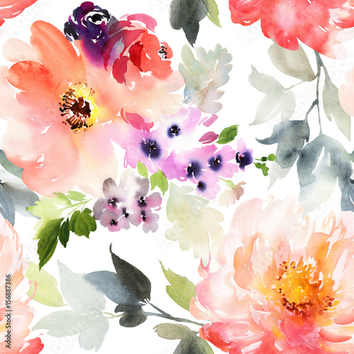 Obraz na płótnie Bezszwowy lato wzór z akwarela kwiatami handmade.