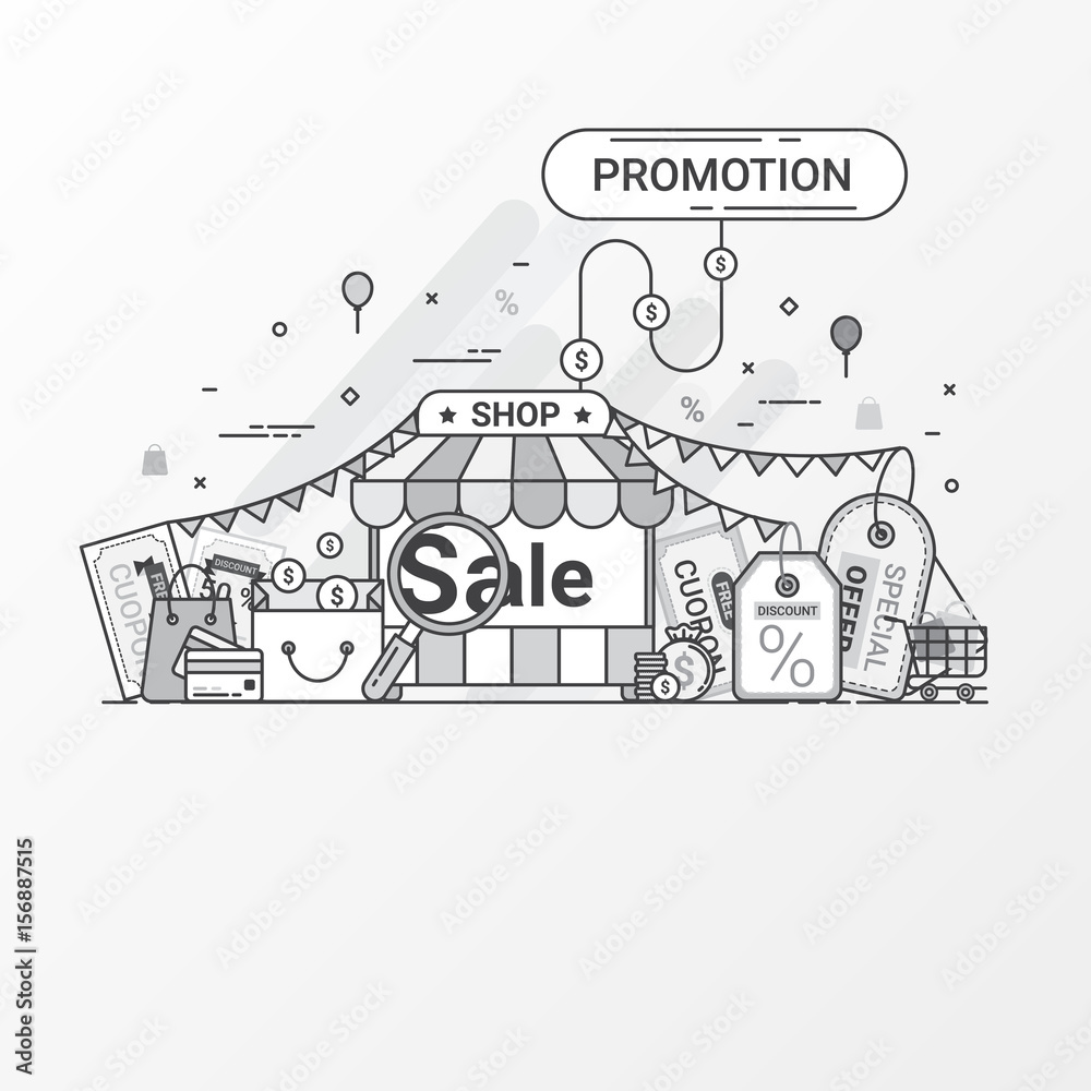 Fototapeta premium Promotion for sale concept. This set contains icon elements, coupon, discount label, online store, shop, shopping bag, credit card, search, price tag, special offers. Flat line style create by vector.