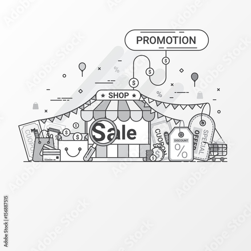Promotion for sale concept. This set contains icon elements, coupon, discount label, online store, shop, shopping bag, credit card, search, price tag, special offers. Flat line style create by vector. © Moko22