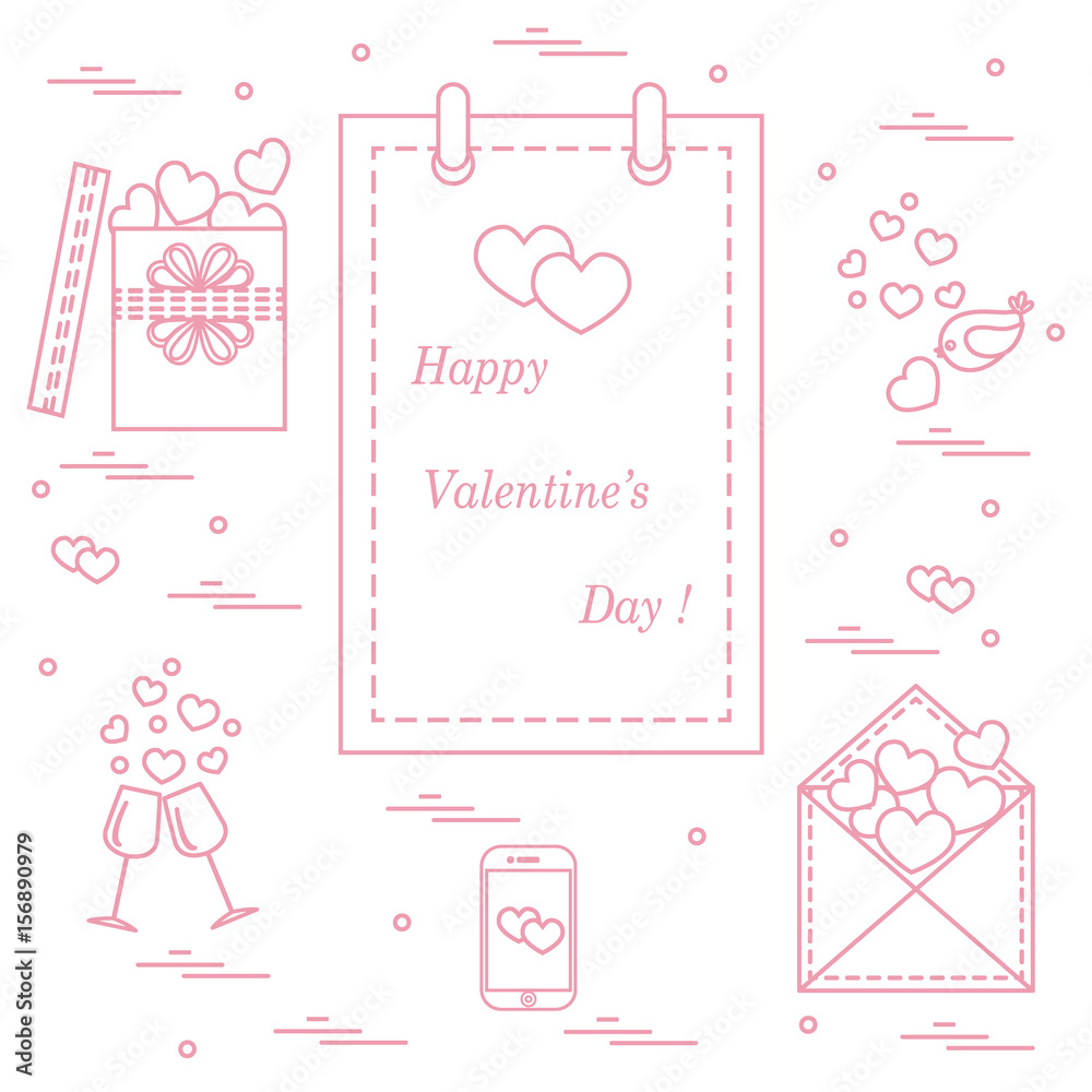 Cute vector illustration: calendar with Valentine’s Day, gifts, postal envelope, two stemware, smartphone, birds with hearts.