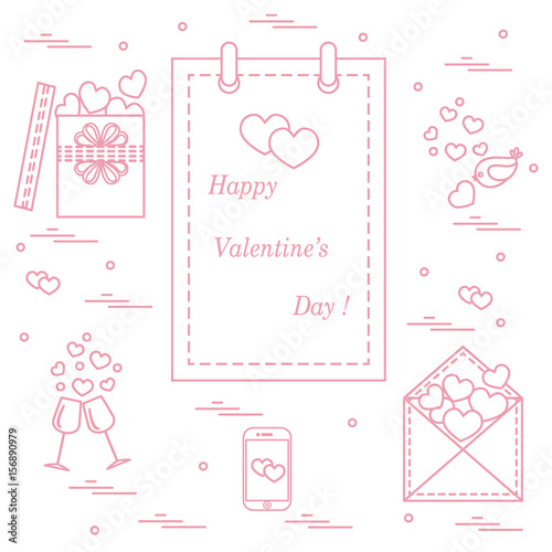 Cute vector illustration: calendar with Valentine’s Day, gifts, postal envelope, two stemware, smartphone, birds with hearts.