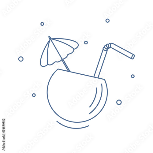 Stylized icon of the cocktail in half coconut, tube and umbrella. Travel and leisure.