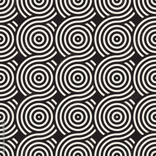 Vector seamless geometric pattern composed with circles and lines. Modern stylish rounded stripes texture. Repeating abstract background