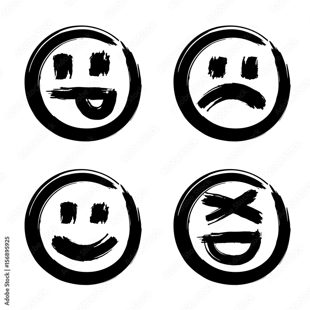 Hand drawn set of emoticons, ink brush emoji smiley icon on a white