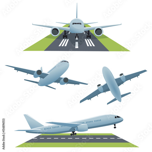 Set of planes in different views and runway. Vector