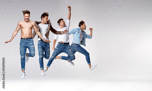 Multiple portrait of a jumping smart guy