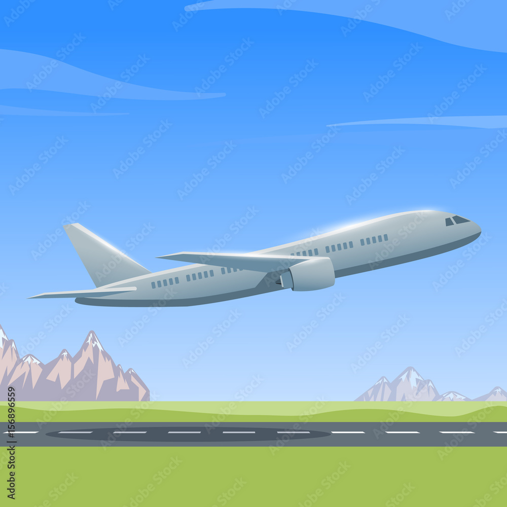 Airplane is flying over the runway, colorful illustration of aircraft. Vector