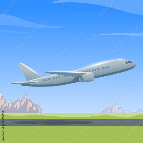 Airplane is flying over the runway, colorful illustration of aircraft. Vector