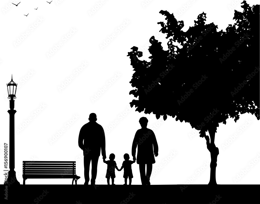 Grandmother and grandfather walking with grandchildren in park, one in the series of similar images Grandmother and grandfather walking with grandchildren in park, one in the series of similar images