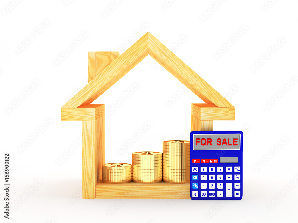 Wooden house icon with coins and calculator with the word FOR SALE isolated  on white background. 3D illustration Stock Illustration | Adobe Stock