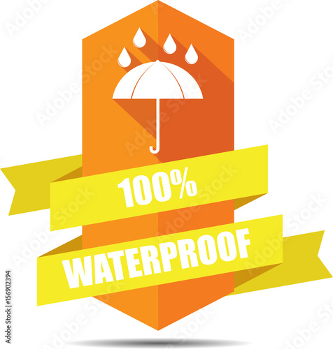 Waterproof Orange Shield With Colorful Ribbon Label, Sticker, Tag, Sign And Icon Banner Business Concept, Design Modern With Umbrella.