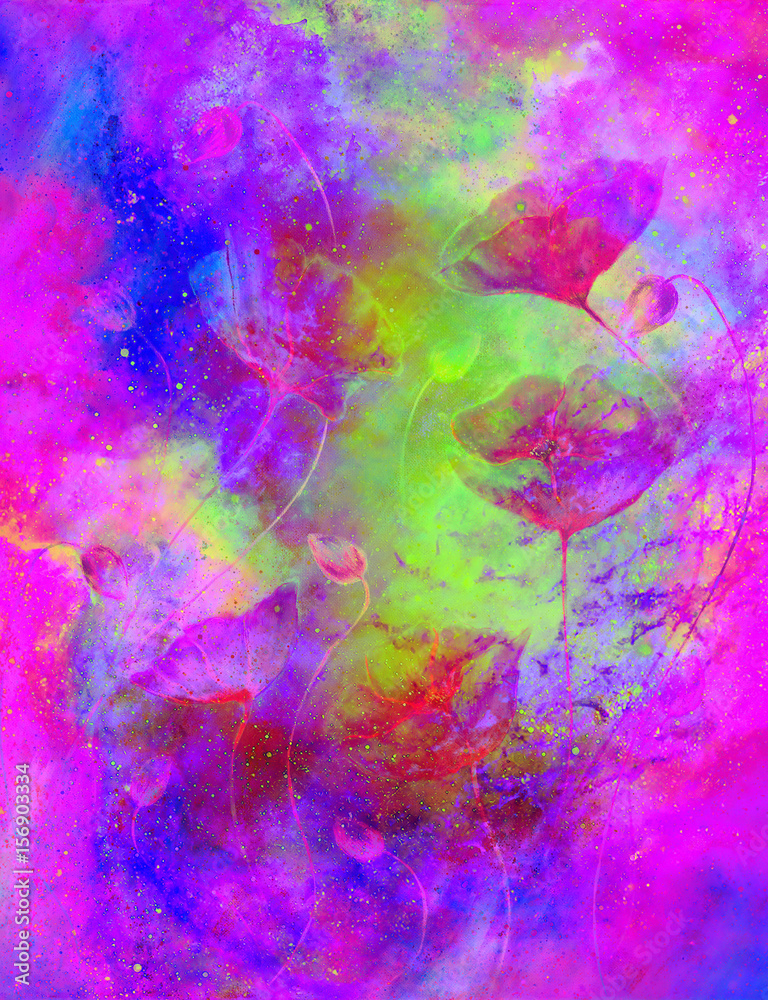 Cosmic space with flower, color galaxy background, computer collage. Cosmic space with flower, color galaxy background, computer collage.
