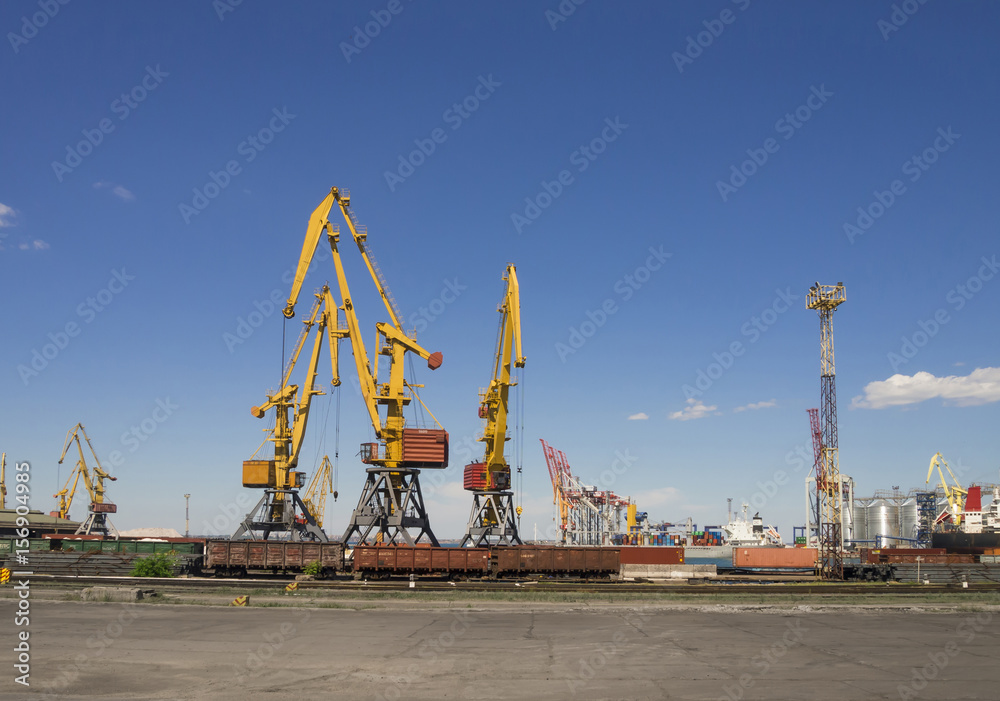 View of the complex for transshipment of metal with a cranes in the foreground View of the complex for transshipment of metal with a cranes in the foreground