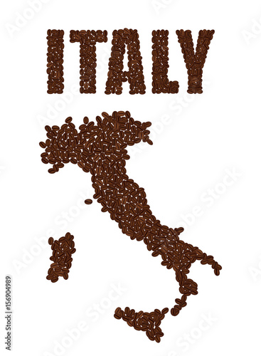 Word ITALY and Map of Italy created from coffee beans isolated on a white background.