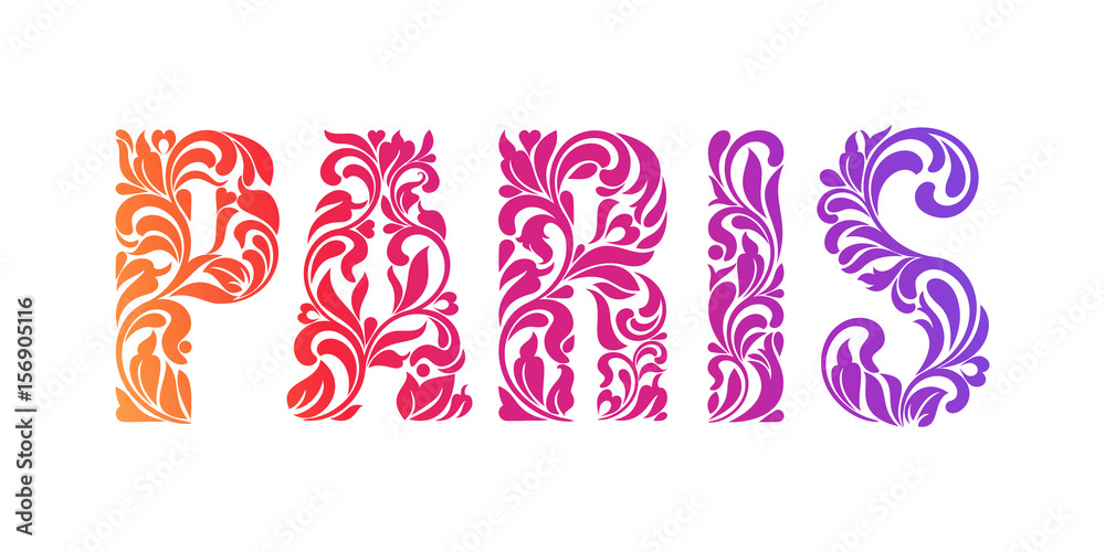 PARIS. Decorative Font made in swirls and floral elements isolated on a white background. 