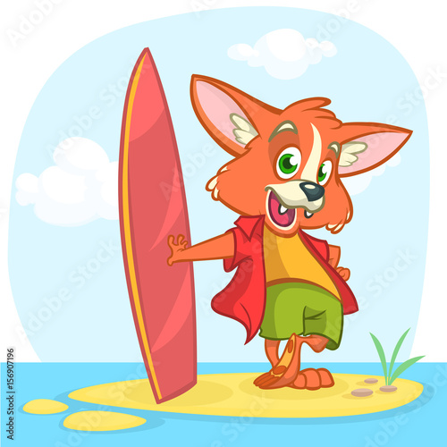 Cartoon summer holiday background with fox surfer. Vector illustration of white cute fox standing with his surfboard