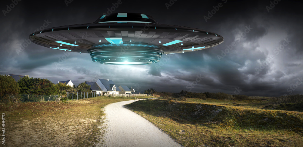 Fototapeta premium UFO invasion on planet earth landascape 3D rendering