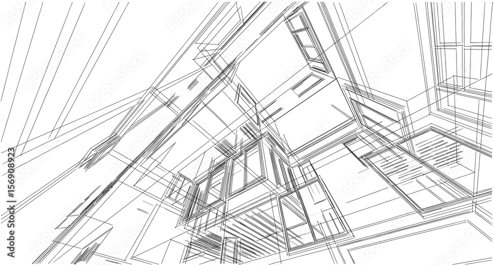 Sketch architecture. Concept of home wireframe. Wireframe building 3D illustration