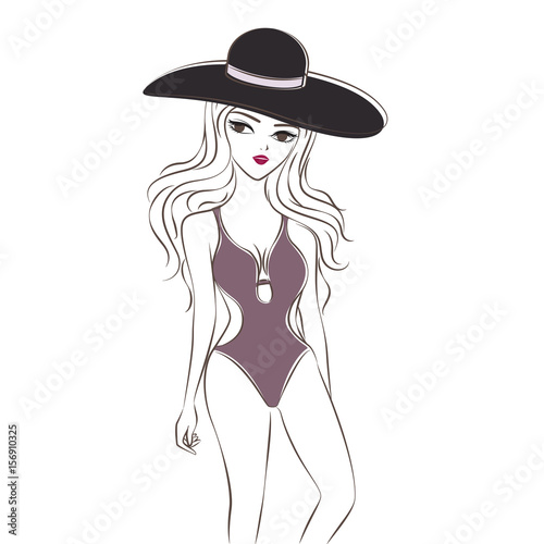 Women’s one piece swimsuits. Purple swimsuits. Cartoon hand drawing doodle style. For graphic design, info graphics, summer, Fashion flyer. Vector illustration. Isolated on white background