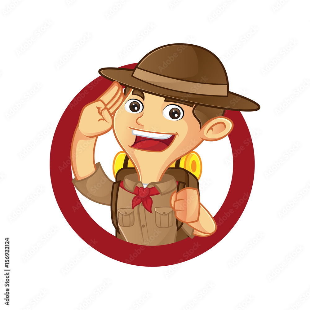 Boy scout cartoon saluting inside circle