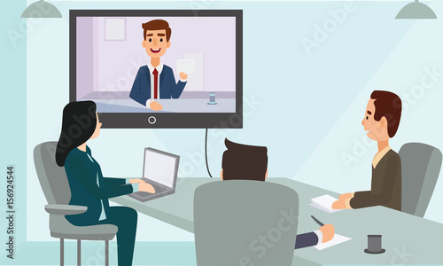 Business people web conference meeting in office. Corporate people looking at screen. Video Conferencing  Concept Illustration Vector.