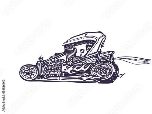 Vector - retro, hot-rod with big motor , isolated on background