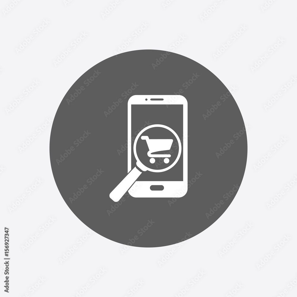 Glass searching for shoping on smart phone. Online shoping icon. Glass searching for shoping on smart phone. Online shoping icon.