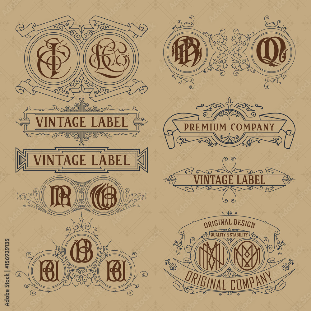 Old vintage floral elements - ribbons, monograms, stripes, lines, angles,border, frame,label, logo - vectors