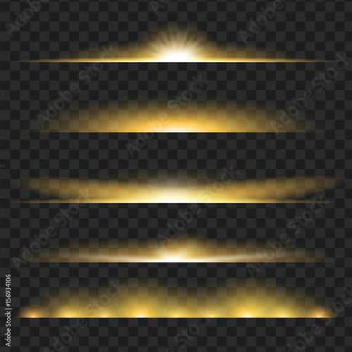 Set of yellow glowing light effect. Isolated on black transparent background. Vector illustration, eps 10.