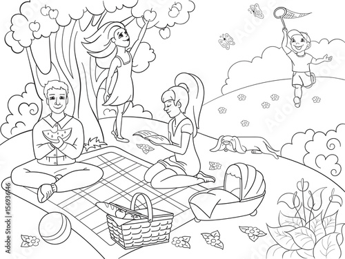 Picnic in nature coloring book for children cartoon vector illustration