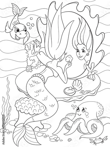 ermaid looks in the mirror coloring book for children cartoon vector illustration