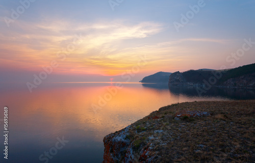 Lake Baikal. View from the island of Olkhon at dawn on an early summer morning