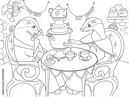 Family of badgers in their house in the kitchen coloring book for children cartoon vector illustration photo