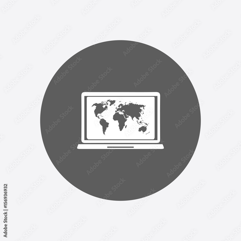 Laptop and world map illustration. World map geography symbol. Flat design style. Laptop and world map illustration. World map geography symbol. Flat design style.