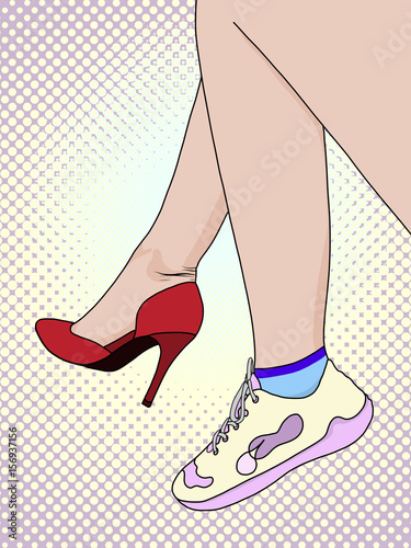 Women shoes pop art retro style. Red high heels and sports shoes, sneakers.