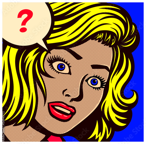 Pop art style comic book panel with confused, puzzled or perplexed woman and speech bubble with question mark vector poster design illustration