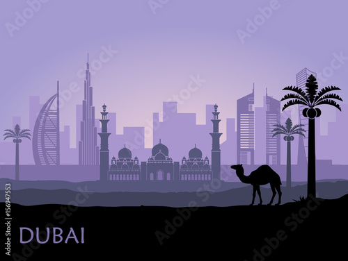 Skyline of Dubai with camel and date palm. United Arab Emirates