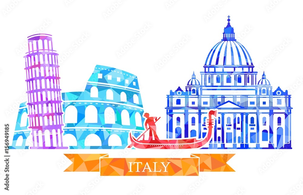 Traditional symbols of Italy in polygonal style. The Colosseum, leaning tower, gondolier, St. Peter s Cathedral.