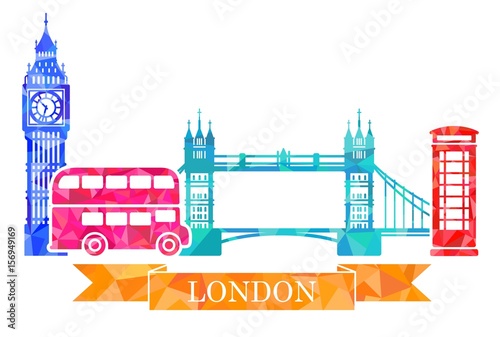 Traditional symbols of London in polygonal style. Big Ben, tower bridge, double-Decker, red telephone box