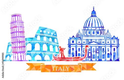 Traditional symbols of Italy in polygonal style. The Colosseum, leaning tower, gondolier, St. Peter s Cathedral.