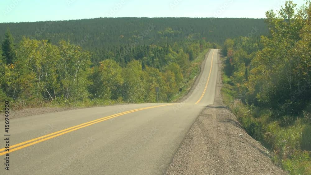 CLOSE UP: White camper car driving along empty highway in lush dense mixed forest covering the hills in the Canadian wilderness on sunny day. People on road trip in remote area in Nova Scotia, Canada