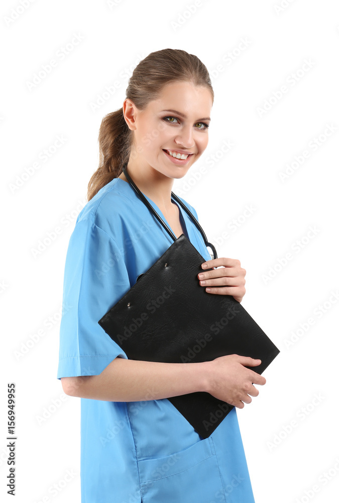 Female surgeon with clipboard, isolated on white Female surgeon with clipboard, isolated on white