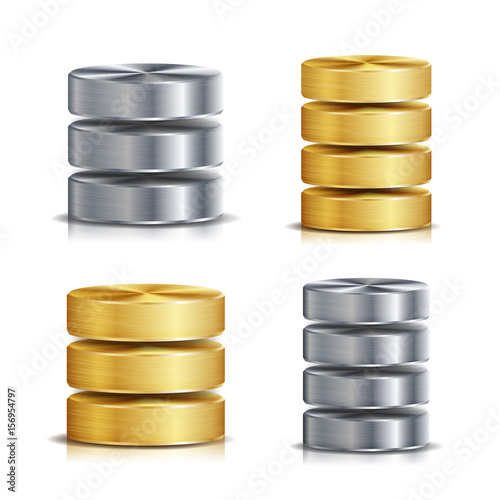 Network Database Disc Icon Vector Set. Realistic Illustration Of Computer Hard Disk. Golden Metal, Silver, Chrome. Backup Concept Isolated On White