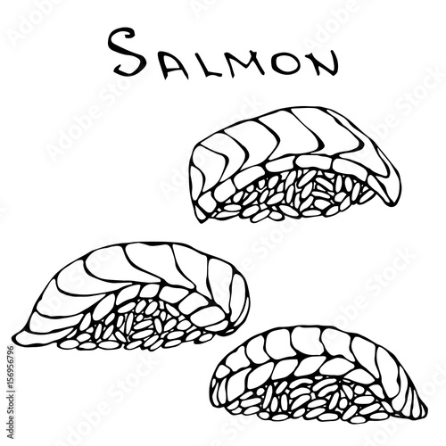 Set of Salmon Sushi for Seafood Menu. Vector Illustration Isolated On a White Background Doodle Cartoon Vintage Hand Drawn Sketch.