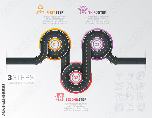 Navigation map infographic 3 steps timeline concept. Winding roa