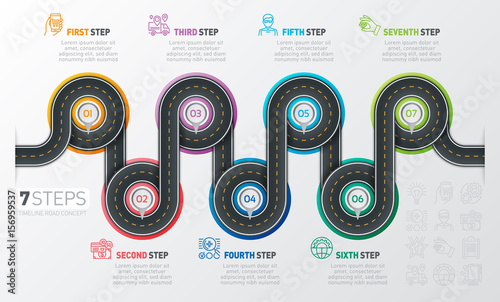 Navigation map infographic 7 steps timeline concept. Winding roa